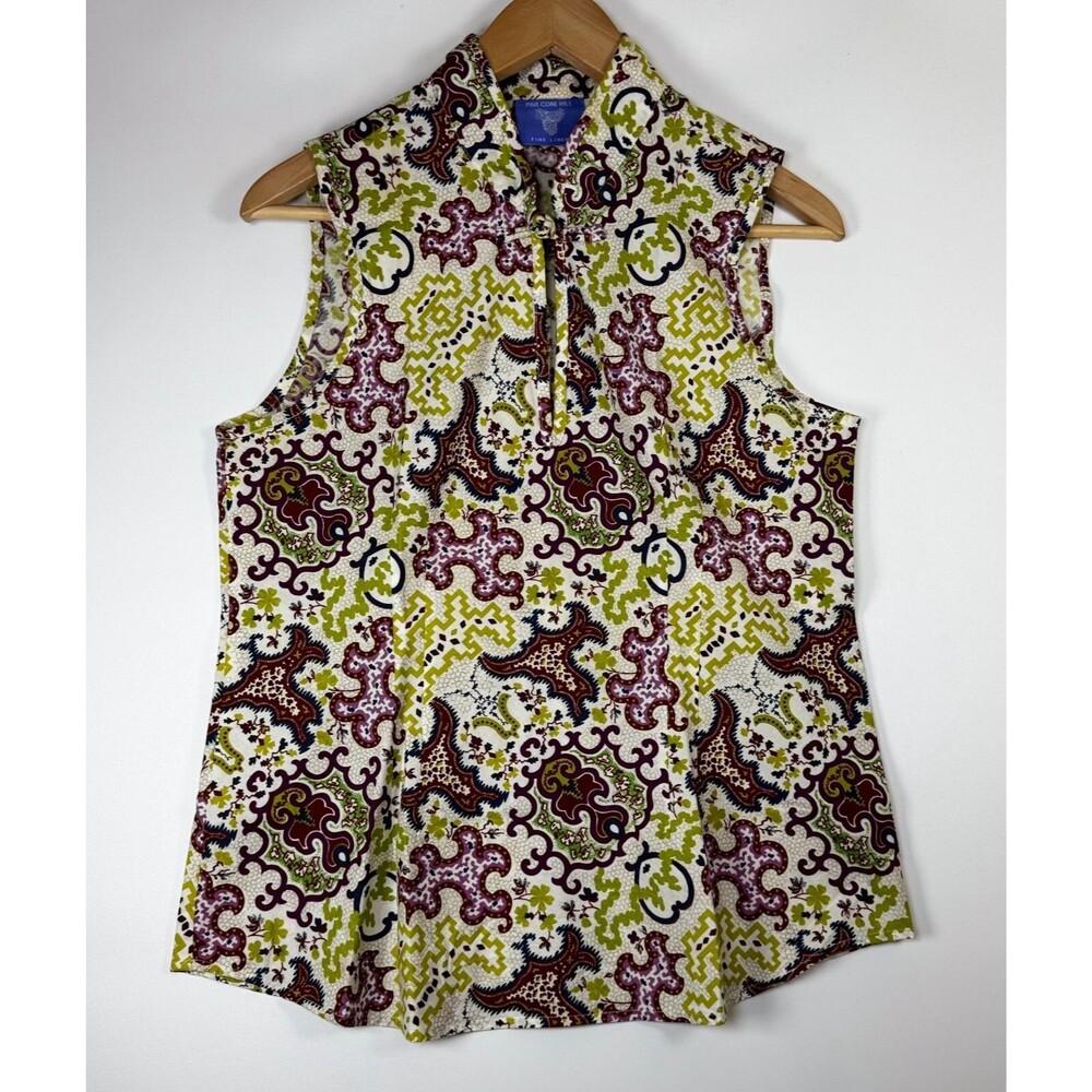 Pine Cone Hill Sleeveless Top Small Green Burgundy Knot Collar Boho Indie Cotton